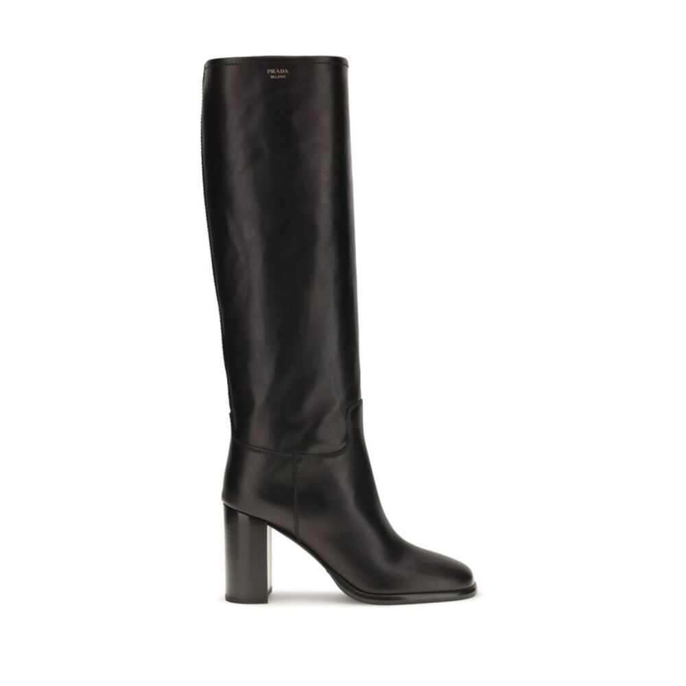 Prada Women High Leather Boots With Screen-Printed Logo